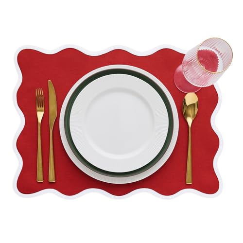 Christmas Red Linen Placemats Set of 4 - Scalloped Edge, 14 x 19 Inches