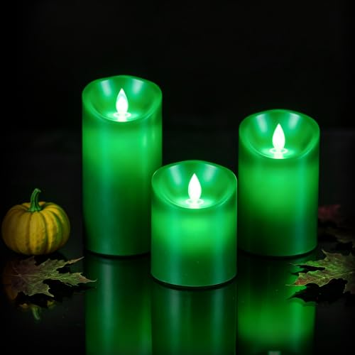 Green Flame LED Candles with Remote Control - Real Wax, Flameless, Battery Operated