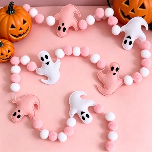 Pink Halloween Garland with Ghost and Pumpkin Decorations - 8.2 Ft Felt Mantel Decor
