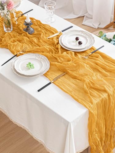 SUNRISING Gold Yellow Cheesecloth Table Runner - 10Ft Rustic Boho Wedding & Party Decor