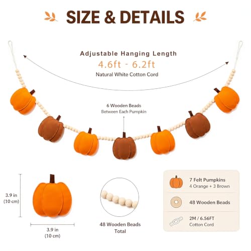 Fall Felt Pumpkin Bead Garland with Wooden Beads for Home Decor - Rustic Autumn Decoration