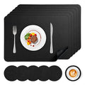Black Vinyl Placemats Set of 6 - Waterproof & Heat Resistant Faux Leather