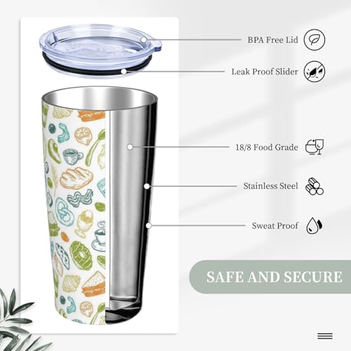 Green White Morning Breakfast Pattern 20oz Stainless Steel Travel Mug with Straw