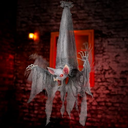 Halloween Animatronics 36in Reaper Bat - Spooky Hanging Animal Prop with Light Up Eyes & Sound