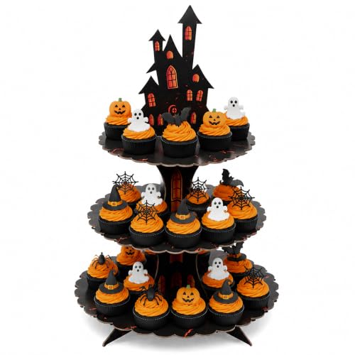 Halloween 3 Tier Cupcake Stand - Haunted Castle Design for Party Decor - Black