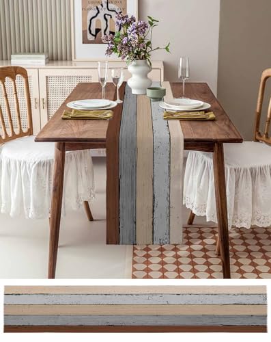 Farmhouse Cotton Linen Table Runner 13x120 Inches Rustic Barn Wood Texture - Brown Grey