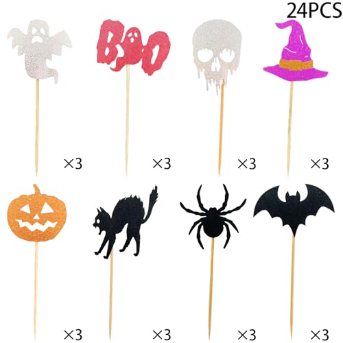 Halloween Cake Decorations Boo 24PCS Ghosts Bats Skeletons Spiders Cake Picks