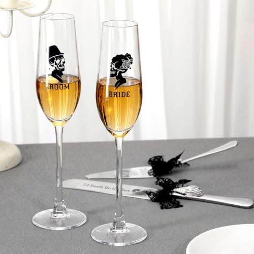 Gothic Wedding Cake Server Set with Skull Engraving & Champagne Glasses