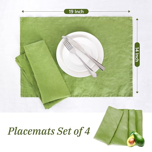 Linen Placemats Set of 4 - 14x19 Inch Natural Lime Green Rustic Table Mats