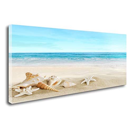 Beach Canvas Wall Art - Ocean Scene with Starfish & Seashells, 48x24 Inches Seashell Seaside Variation