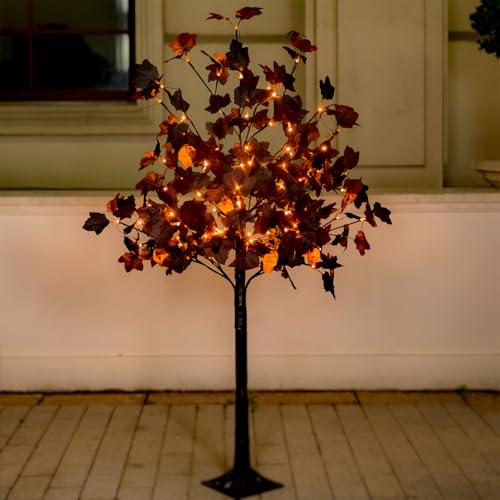 4ft Black Maple Halloween Tree with LED Skull Lights & Spiders - Indoor Outdoor Decor