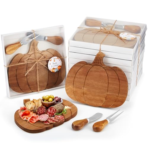 Pumpkin Charcuterie Board Set - Fall Wood Decor with 2 Knives & Forks, 12 Sets
