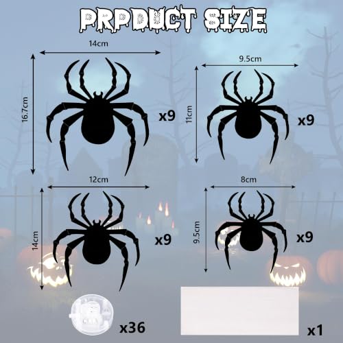 Green LED 3D Spider Halloween Decorations Set - 36pcs with 4 Sizes & Shapes