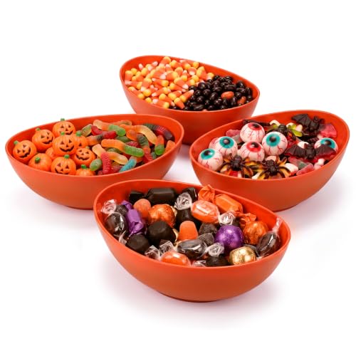 Set of 4 Halloween Orange Plastic Candy Serving Bowls - Trick or Treat