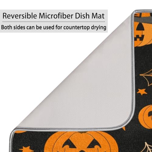 Halloween Dish Drying Mat - 18x24 Inch Pumpkin Ghost Spooky Web Design - Super Absorbent Microfiber Kitchen Counter Mat - Extra Large