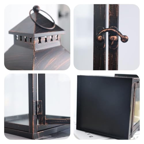 Large Bronze Metal Lanterns Set of 2 with Glass for Indoor Outdoor Decor - 17" & 11" Variation