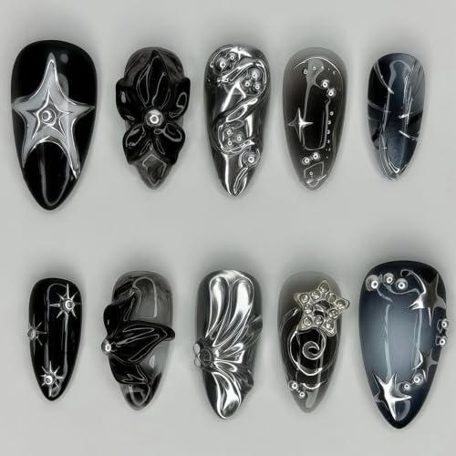 Black Y2K Almond Press On Nails - Style 26, Gothic Medium False Nails 30Pcs