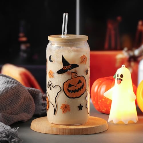 Halloween Pumpkin Ghost Glass Cup with Lid and Straw - Orange Pumpkin Variation