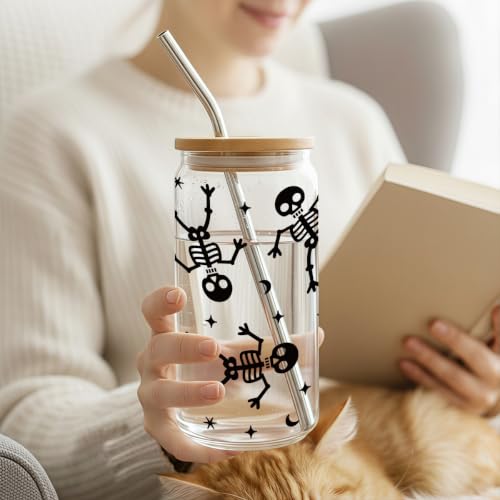 Halloween Skeleton Glass Cup with Lid & Straw - 16 Oz Fall Gift - Variation of clean-10