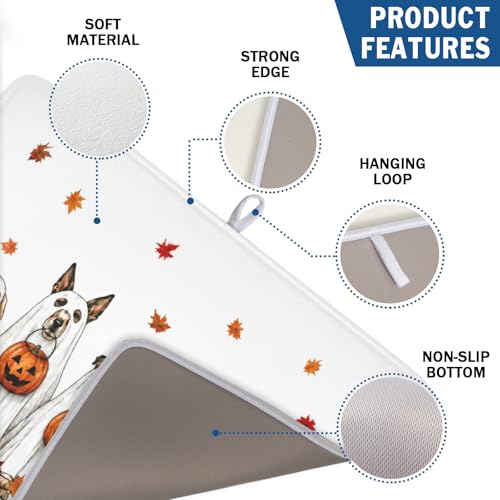 Halloween Ghost Dogs Pumpkin Dish Drying Mat - 18x24 Inch Microfiber Kitchen Counter Pad - Fall Leaves Design
