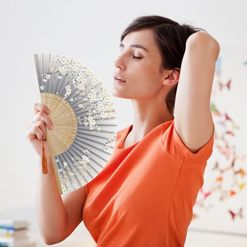 Gray Elegant Black Bamboo Folding Fan - 8.27in Vintage Silk Handheld Fan for Dance & Wedding