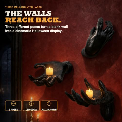 Life-Sized Creepy Reaching Hands with Lighted Candles Halloween Decor & Gothic Wall Art Set
