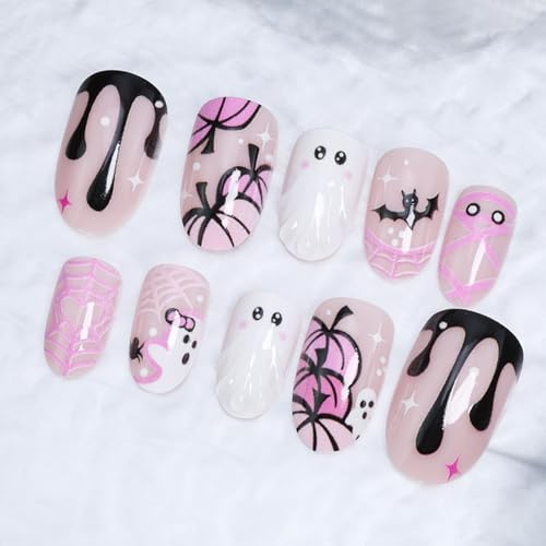 3D Ghost Halloween Press On Nails - Short Almond Fake Nails with Mummy Pumpkin Bat Web Designs - Pink, Glossy, Reusable, DIY Manicure, Variation 26