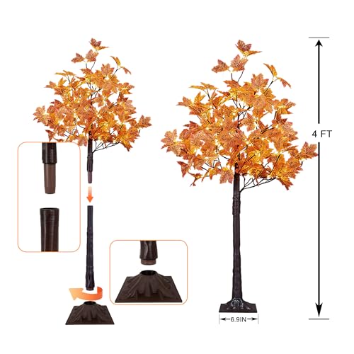 Artificial Fall Maple Tree with 144 Warm White LED Lights - 4FT Orange Indoor Outdoor Decoration - Variation 4FT-2