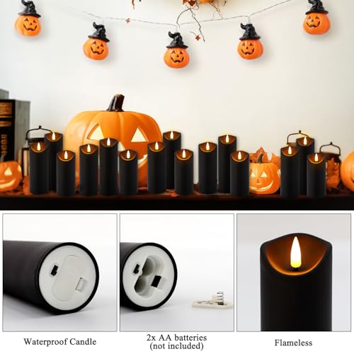 Flickering Flameless Candles Set - Battery Operated LED Pillar Candles with Remote & Timer - Ivory & Black, 12 Pack