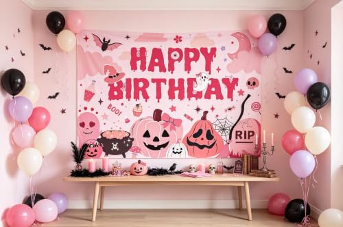 Pink Halloween Birthday Backdrop 6x4FT Spooky Cute Party Decorations