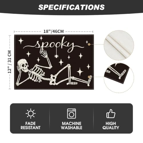 Halloween Skeleton Placemats Set of 4 12x18 Inch Table Mats for Party Dining Decor - Black & Beige