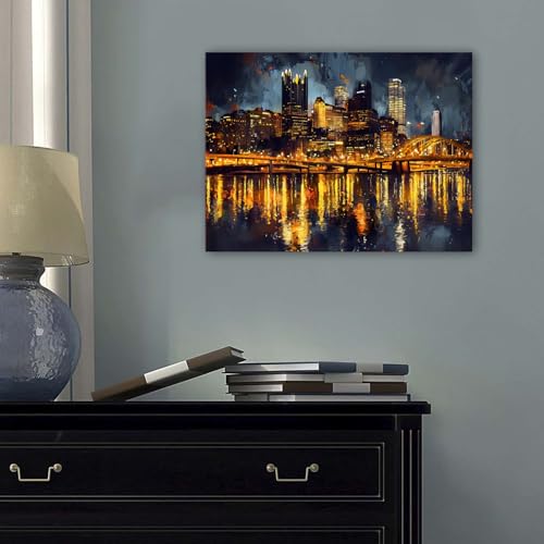Pittsburgh Skyline Wall Art Canvas Print - Night Cityscape Panorama, 16x12 Inches, Modern Home Decor