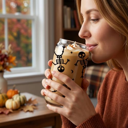 Halloween Skeleton Glass Cup with Lid & Straw - 16 Oz Fall Gift - Variation of clean-10