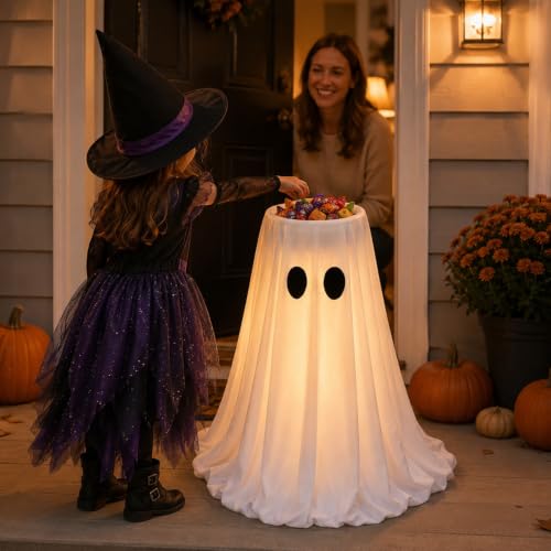 Lighted Halloween Ghost Candy Bowl with Remote Control, 35-Inch Outdoor Decor