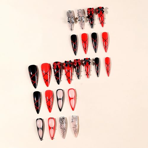 Long Stiletto Press-On Nails with Rhinestones & Bow - Red & Black Goth Style, 24pcs (Variation: 6507BlackRed)
