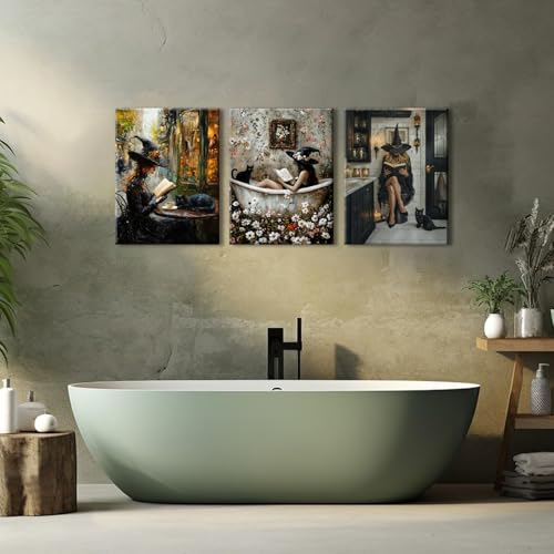 Dark Witch Bathroom Wall Art Set of 3 Canvas Prints - Gothic Halloween Decor