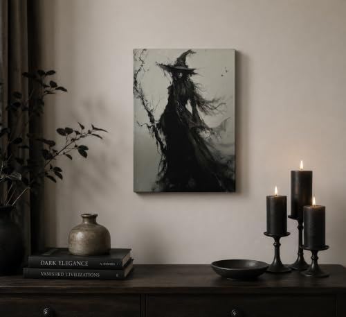 Witch Canvas Wall Art - Halloween Creepy Gothic Dark Decor, 16x12 Inches - Wrapped Canvas