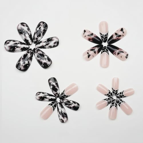 Halloween Press-On Nails Short Almond Fake Nails with Spider Web Bat Design - Style03