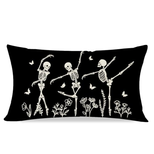 PANDICORN Halloween Dancing Skeleton Throw Pillow Cover 12x20 - Black & White