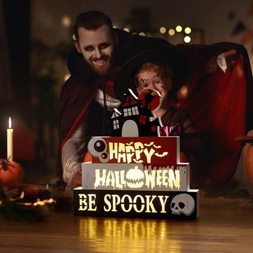 Halloween Indoor 9.4" 4-Tier Wooden Block Set with Glowing 3D Letters & Witch's House Topper — Spooky Decor