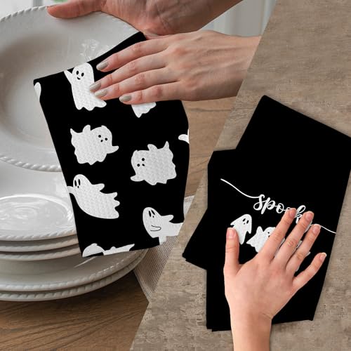 Halloween Ghost Kitchen Hand Towels Set of 2 - Black Spooky Decor, 16x24 Inches