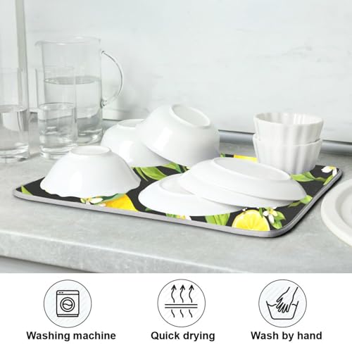 Yellow Lemon on Black Dish Drying Mat - 18x24 Inch Microfiber Kitchen Counter Protector