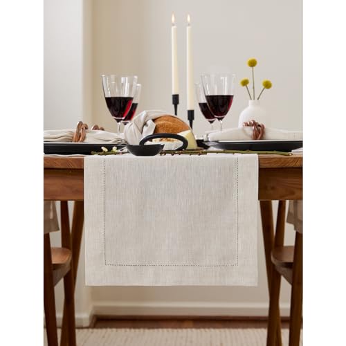 Light Natural Linen Table Runner 14x90 Inch - Classic Hemstitch, Handcrafted