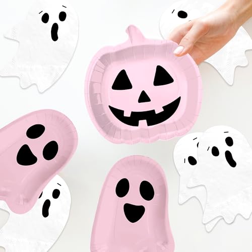 Pink Pumpkin Ghost Halloween Paper Plates Napkins Party Tableware Set - 100pcs (Variation: Pink Pumpkin)
