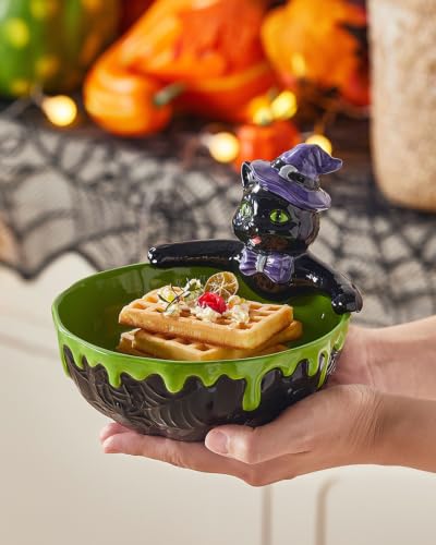 Purple Black Halloween Cauldron Candy Bowl - 6.5-Inch Ceramic Cat Treat Dish