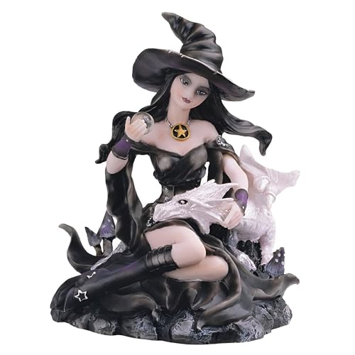 Fantasy Witch Figurine with Black and White Dragon - 6 Inch Decorative Sculpture