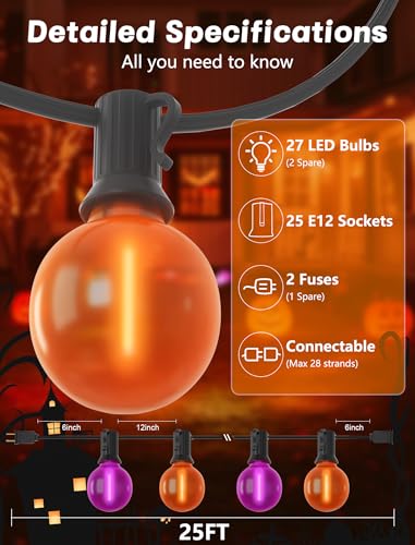 Halloween String Lights Outdoor G40 LED Orange & Purple Frosted Globe - 25ft, Connectable, Waterproof Halloween Decorations, Vari of Frosted Orange Purple
