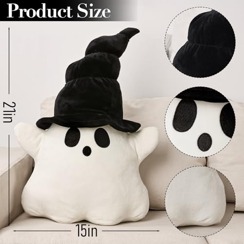Cute Ghost Halloween Throw Pillow - Plush White Cushion with Black Hat for Indoor Decor