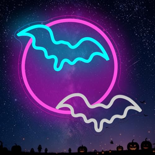 Enshanneon Moon Bats Neon Sign - Flashing Bats Halloween LED Wall Light