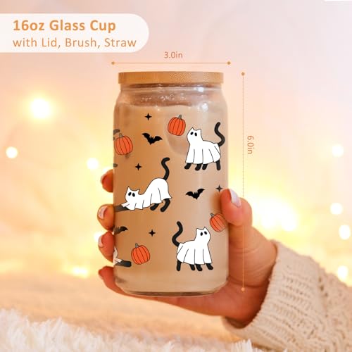 Halloween Ghost Cat Iced Coffee Cup with Lid & Straw - 16oz Spooky Party Mug